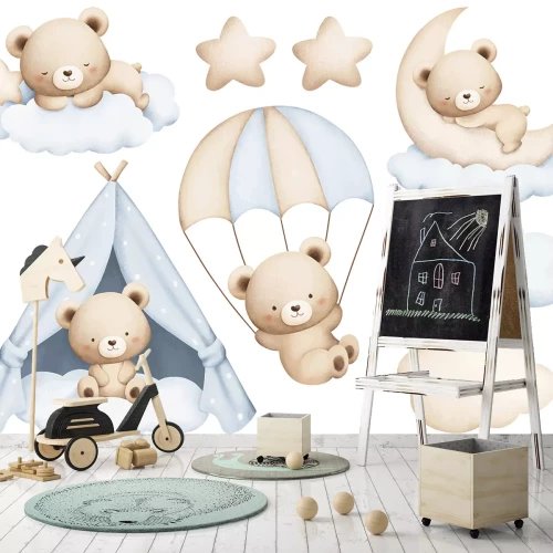 Sticker Beren wolkjes en sterretjes in aquarelstijl