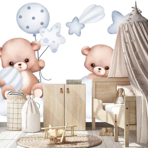 Sticker Beren met ballonnen op wolken tussen sterren