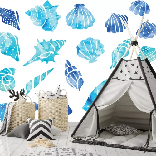 Sticker Blauwe schelpen en visjes in aquarelstijl