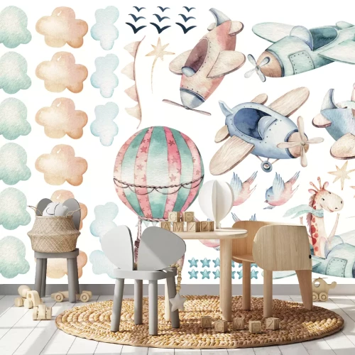 Sticker Schattige diertjes in vliegtuigen en luchtballonnen aquarelpatroon voor kinderen
