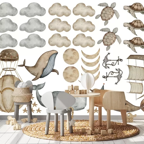 Sticker Walvissen wolken schepen en ballonnen patroon voor kinderen