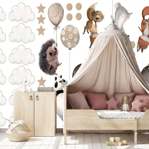 Sticker Bosdieren met ballonnen wolken en sterren