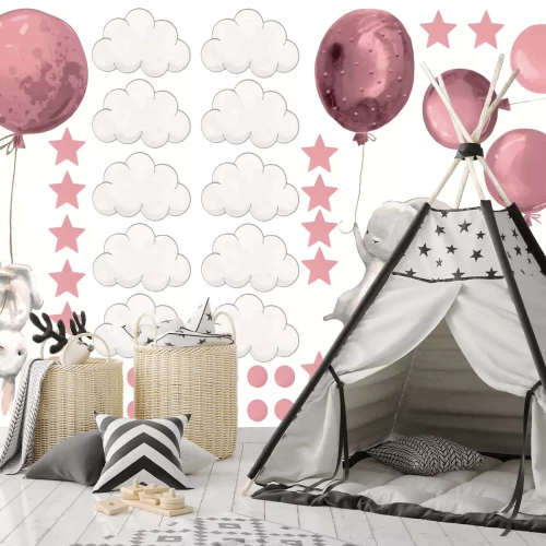 Sticker Roze konijntjes ballonnen sterretjes en wolkjes