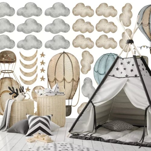 Sticker Ballonnen tussen wolken sterren en manen