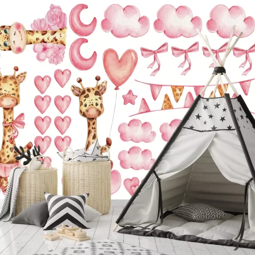 Sticker Giraffen roze harten wolkjes en sterretjes