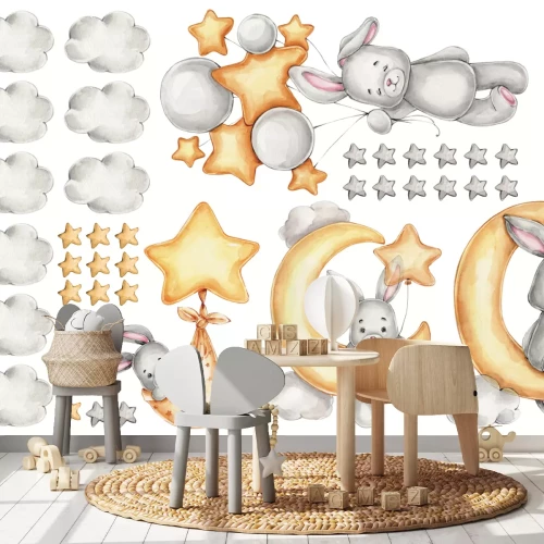 Sticker Konijnen sterretjes ballonnen tussen wolken en manen
