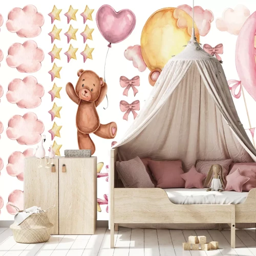 Sticker Roze beren wolkjes ballonnen en strikjes