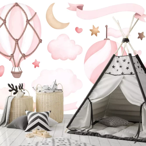 Sticker Roze ballonnen sterretjes en wolkjes