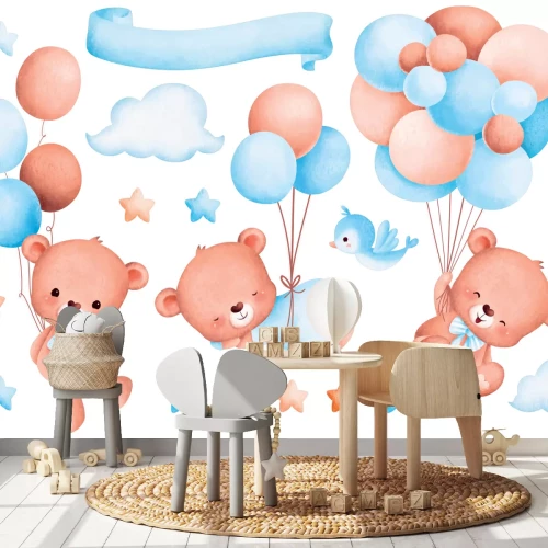 Sticker Schattige beren met blauwe ballonnen in aquarelstijl