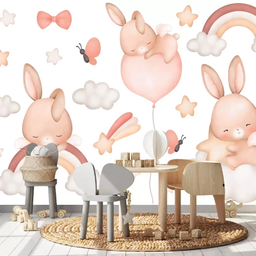 Sticker Konijntjes met ballonnen wolken en regenboog