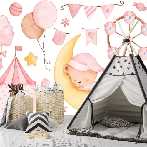 Sticker Aquarelcompositie van een kermis met een beer op de maan