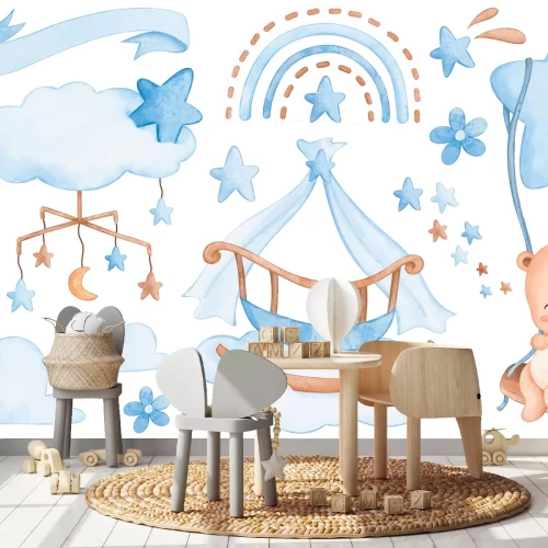 Sticker Beren tegen de hemel met blauwe wolkjes en een regenboog