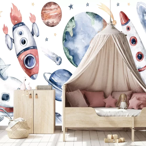 Sticker Aquarelplaneten ruimteschepen en sterren