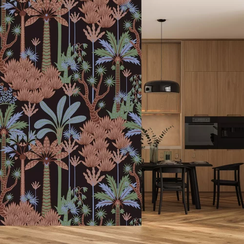 Sticker Tropische vegetatie in tinten bruin groen en blauw op donkere achtergrond