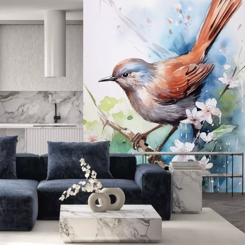 Sticker Aquarelvogel op een bloeiende boomtak