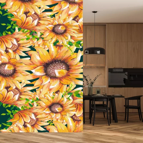 Sticker Aquarel zonnebloemen op donkergroene achtergrond