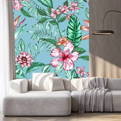 Sticker Tropische bloemen en bladeren op lichtblauwe achtergrond