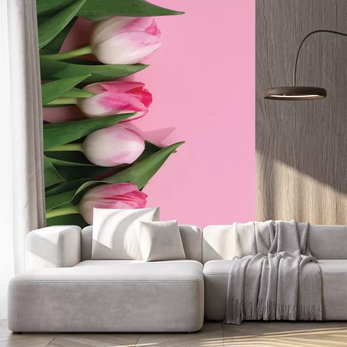 Sticker Roze tulpen op lichtroze achtergrond