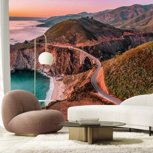 Sticker Landschap met zicht op een brug op de California State Route 1