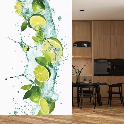 Sticker Limoenen en muntblaadjes die in het water vallen