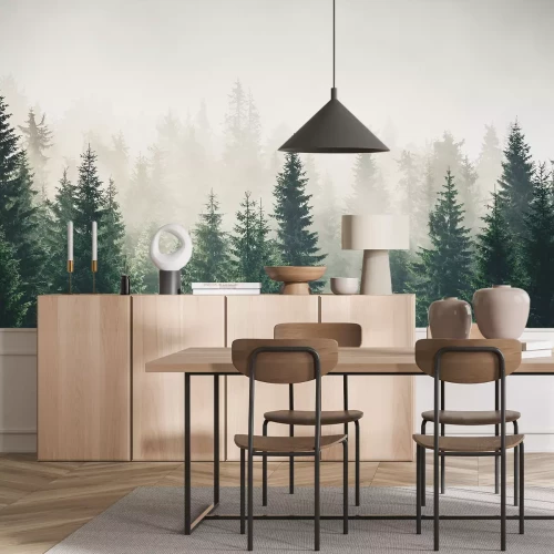 Sticker Donkergroen naaldbos in de mist