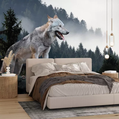 Sticker Wolf tegen een mistig bebost landschap