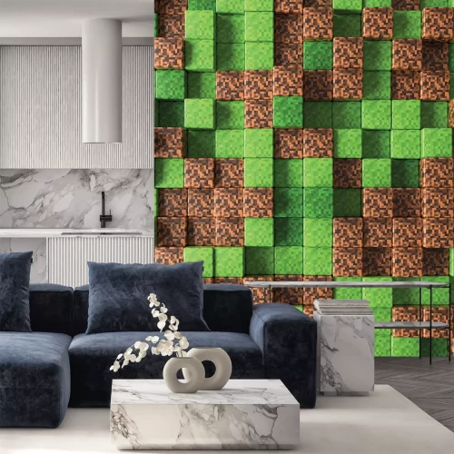 Sticker Abstracte achtergrond met aarde- en grasblokken in videogamestijl