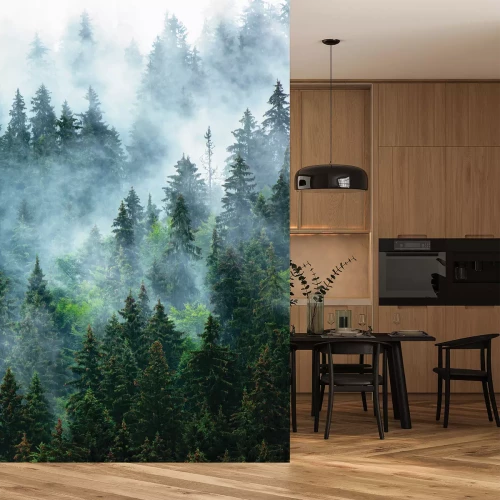 Sticker Dicht naaldbos gehuld in mist