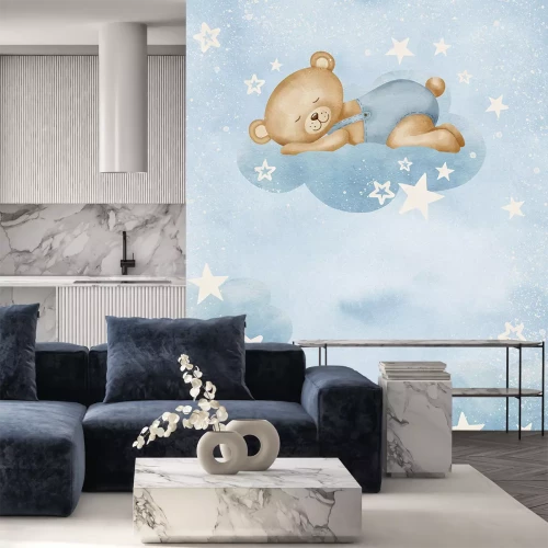 Sticker Beer in blauw outfit slapend op een wolk tussen sterren