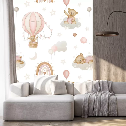 Sticker Beren met ballonnen op wolkjes en regenbogen