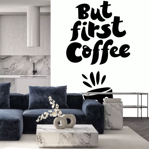 Sticker Koffiekop en typografie But first Coffee