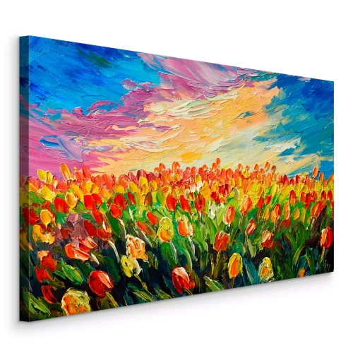 Canvas Een veld met rode en gele tulpen in schilderachtige stijl