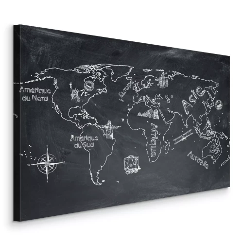 Canvas Wereldkaart met continenten en bijschriften op een zwart bord