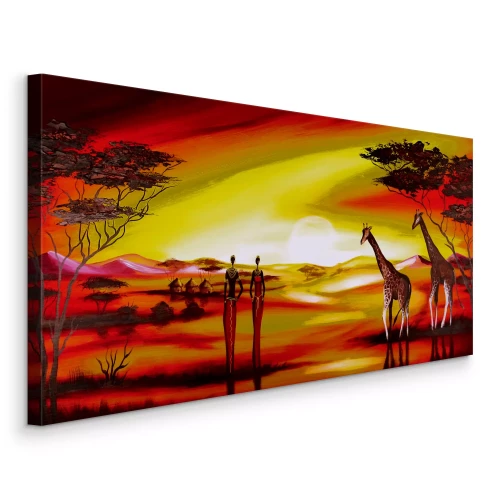 Canvas Mensen en giraffen op de Afrikaanse savanne