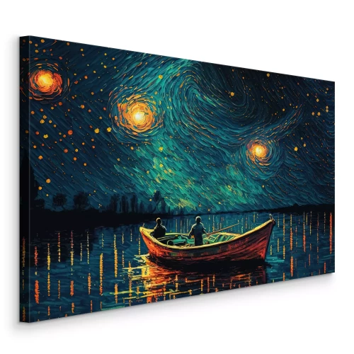 Canvas Een boot op een meer bij nacht in de stijl van een schilderij van Van Gogh