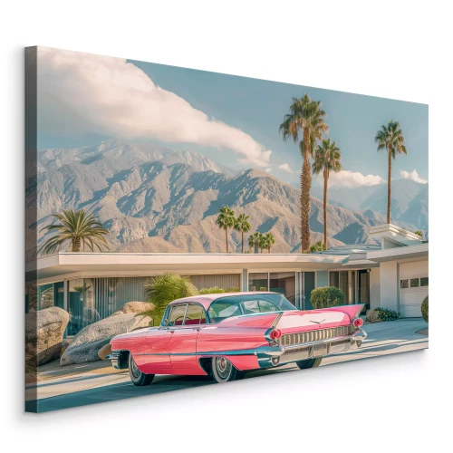 Canvas Een roze klassieke Cadillac voor een modern huis