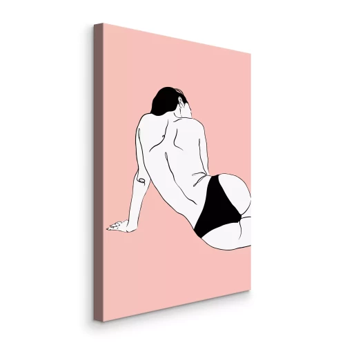 Canvas Een minimalistische illustratie van een vrouwelijk silhouet op een roze achtergrond.