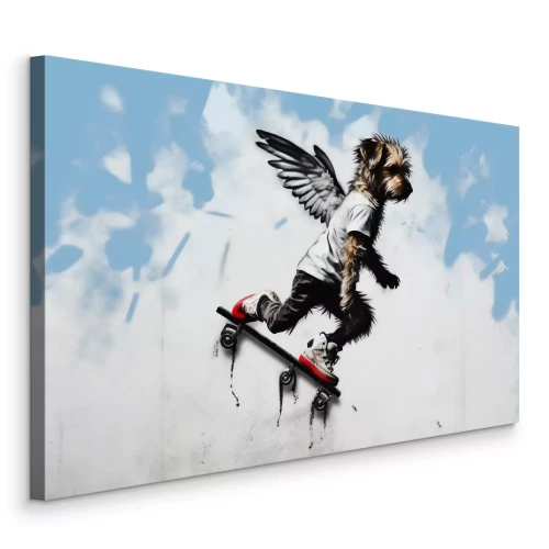 Canvas Hond met vleugels op een skateboard