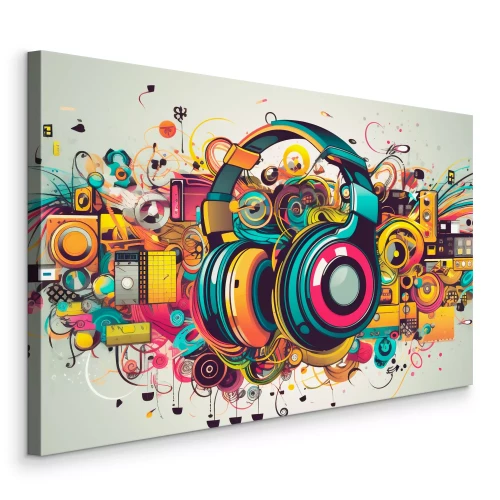 Canvas Grafische compositie met koptelefoon en muzikale motieven