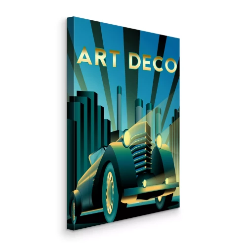 Canvas Een afbeelding met een klassieke auto en het woord Art Deco
