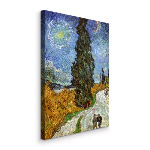 Canvas Mensen lopen langs een weg naar een dorp met tarwevelden