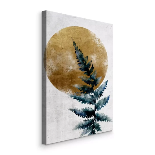 Canvas Aquarelillustratie van een varen en een gouden cirkel