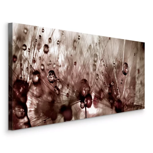 Canvas Paardenbloemmotief met glanzende druppels in bruine tinten