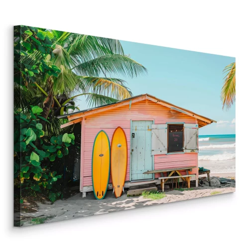 Canvas Tropisch huisje met palmbomen en de oceaan op de achtergrond