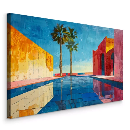 Canvas Een zwembad onder palmbomen in artistieke stijl