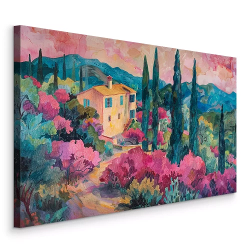 Canvas Italiaans landschap met een roze lucht