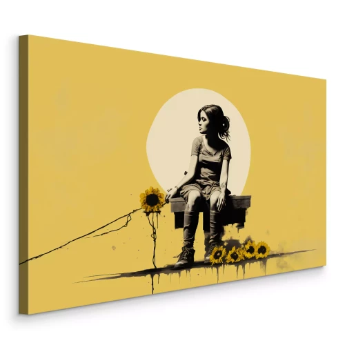 Canvas Meisje en zonnebloemen op een gele achtergrond