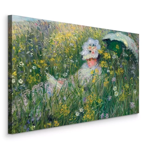 Canvas Een vrouw met een boek in een bloeiende weide vol bloemen.