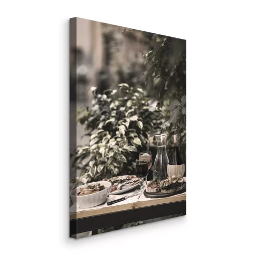 Canvas Mediterrane gerechten in een restaurant aan zee