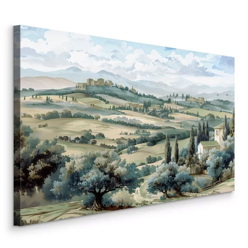 Canvas Toscaans landschap met cipressen en gebouwen